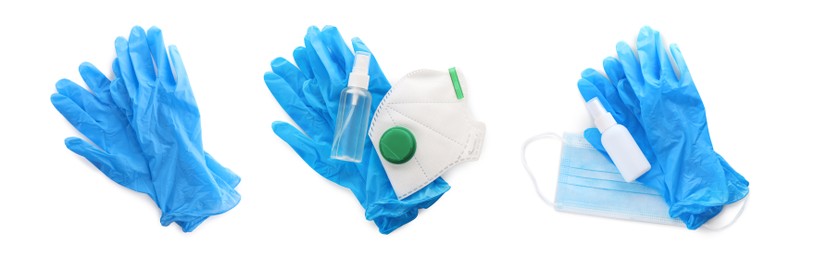 Medical gloves, antiseptic, medical face mask and respirator on white background, collage. Banner design
