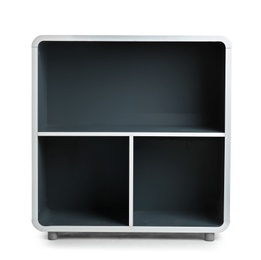 Photo of Stylish shelving unit with empty compartments on white background. Furniture for wardrobe room