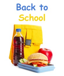 Image of Lunch box with appetizing food, bottle of drink and bag on white background