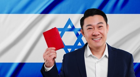 Immigration. Happy man with passport against national flag of Israel, space for text. Banner design