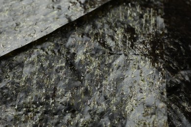 Dry nori sheets as background, closeup view
