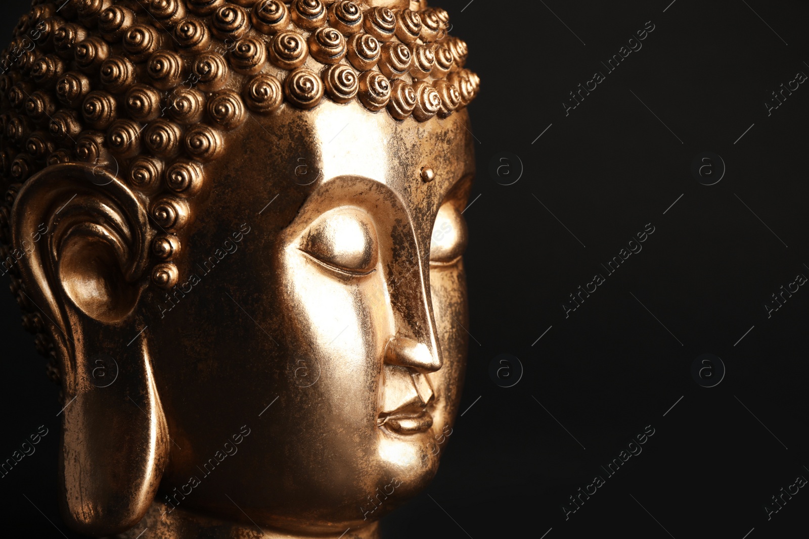 Photo of Beautiful golden Buddha sculpture on black background, closeup. Space for text