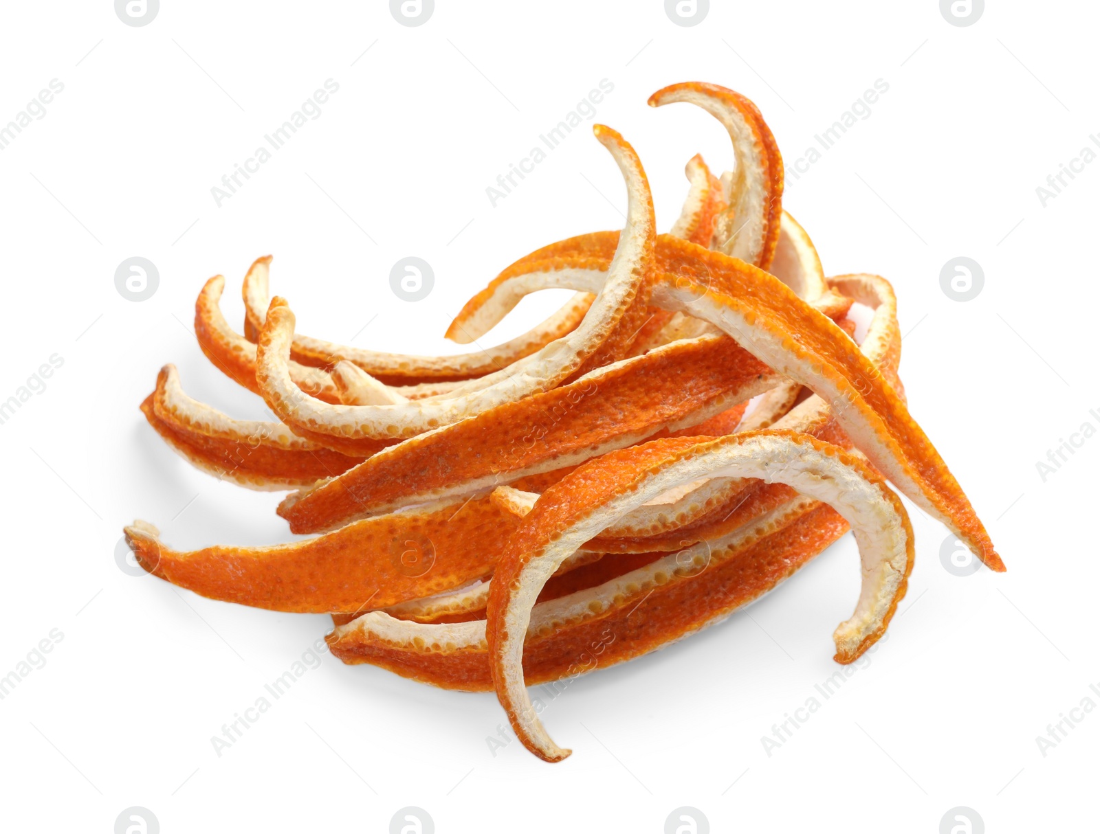 Photo of Pile of dry orange peels on white background