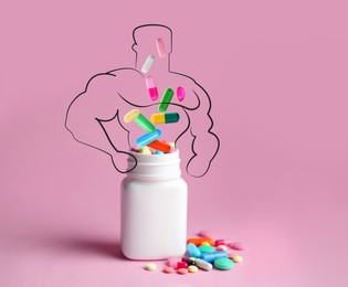 Image of Doping concept. Plastic bottles with pills and silhouette of sportsman on pink background