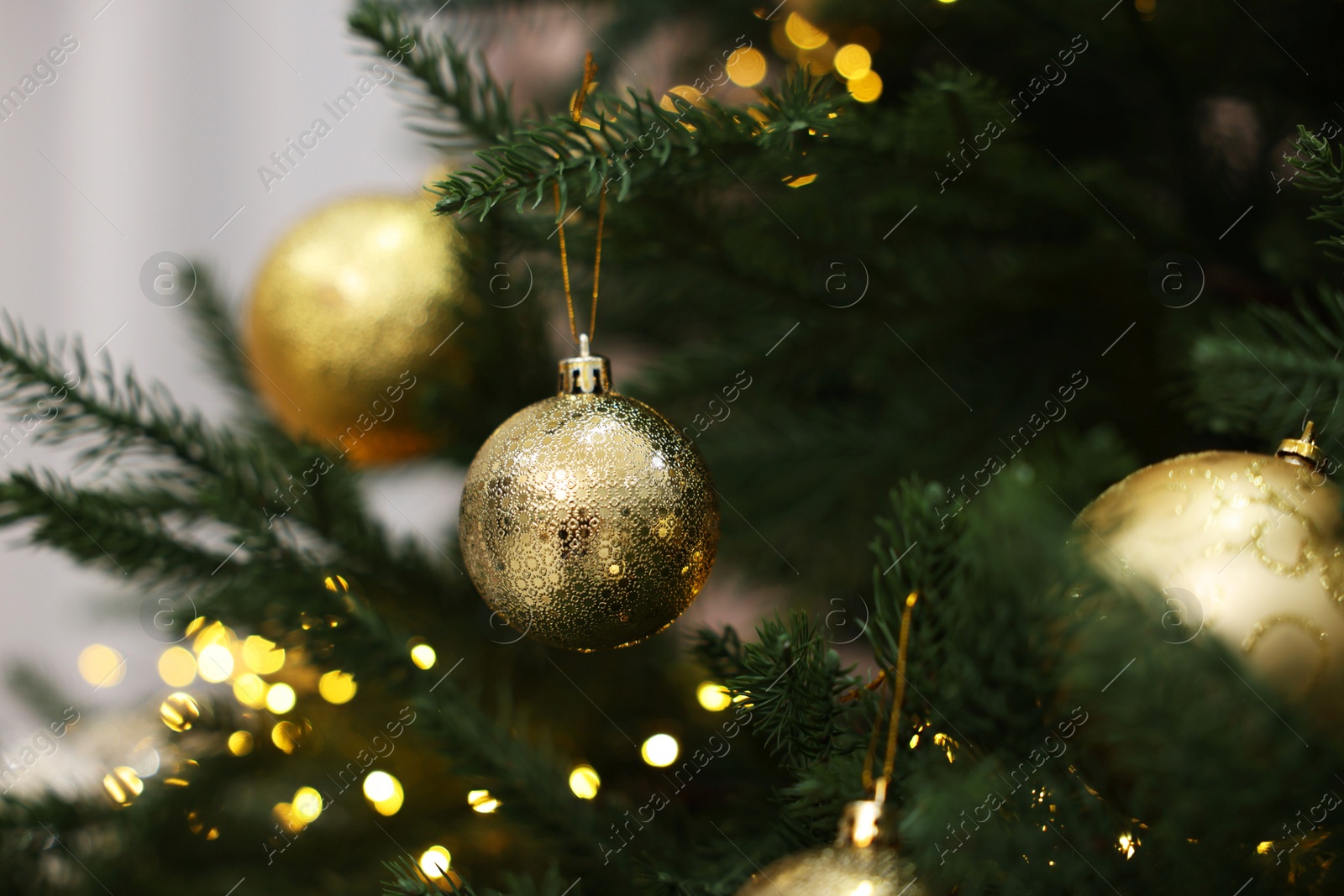 Photo of Christmas balls hanging on fir tree indoors, closeup