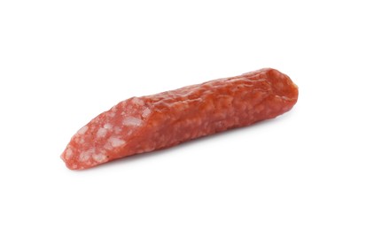 Piece of thin dry smoked sausage isolated on white