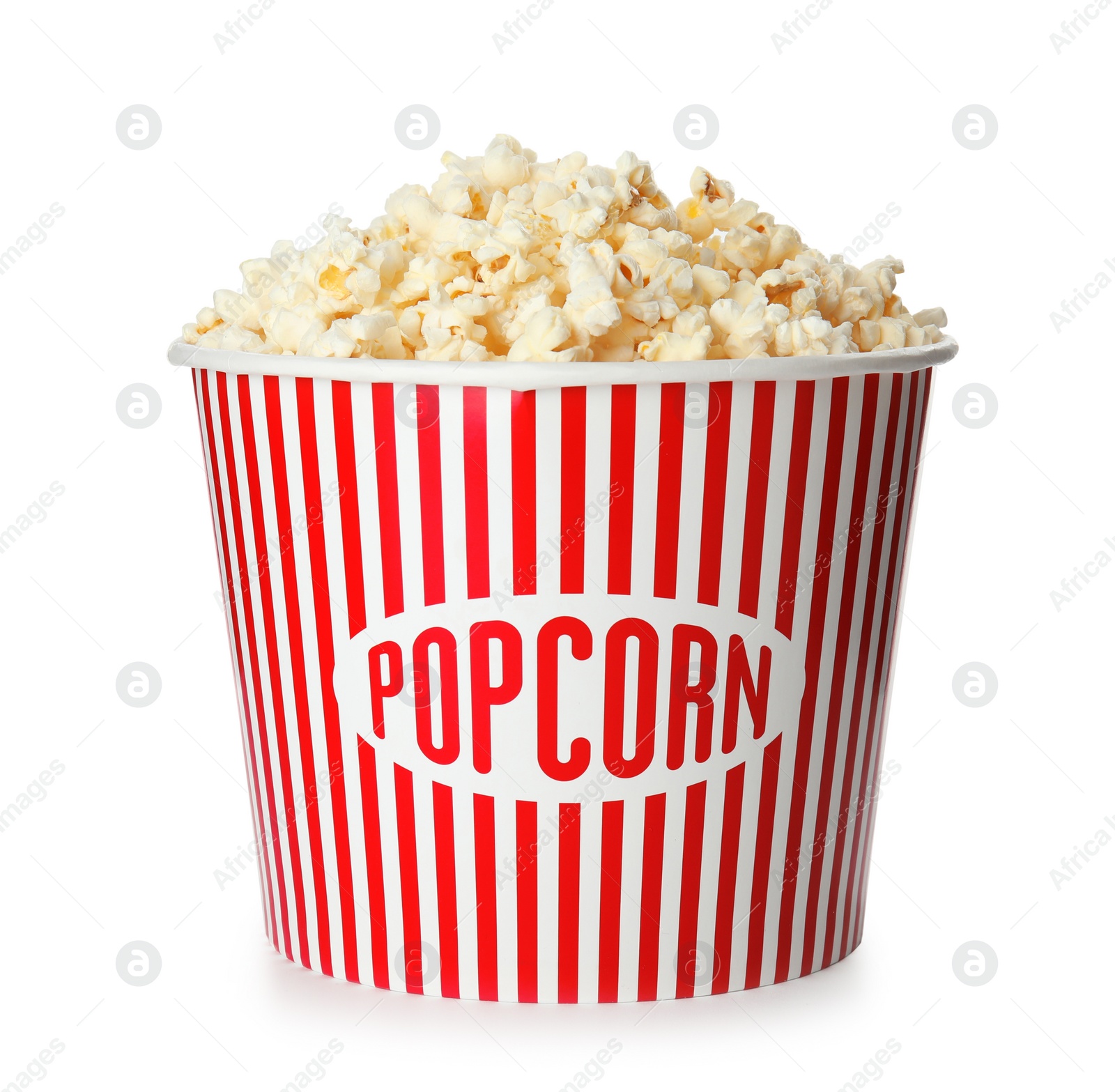 Photo of Bucket with fresh tasty popcorn isolated on white. Cinema snack