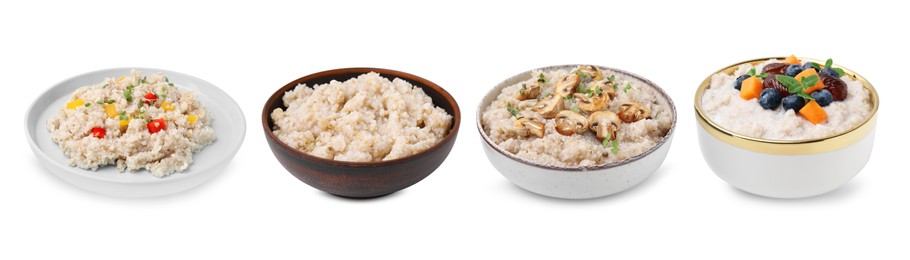 Image of Set of cooked barley groats in bowls on white background