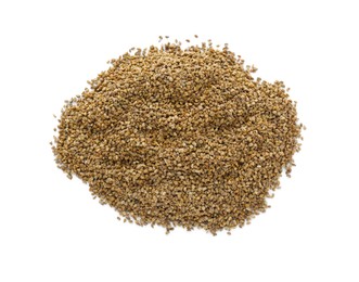 Photo of Pile of celery seeds isolated on white, top view