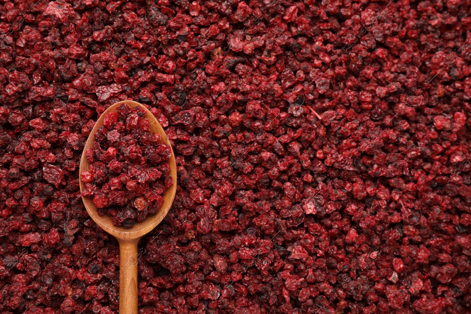 Photo of Wooden spoon on dried red currants, top view. Space for text