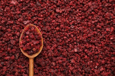 Photo of Wooden spoon on dried red currants, top view. Space for text