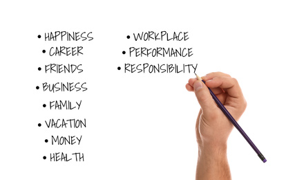 Image of Work-life balance concept. Man with pencil and list of words on white background, closeup