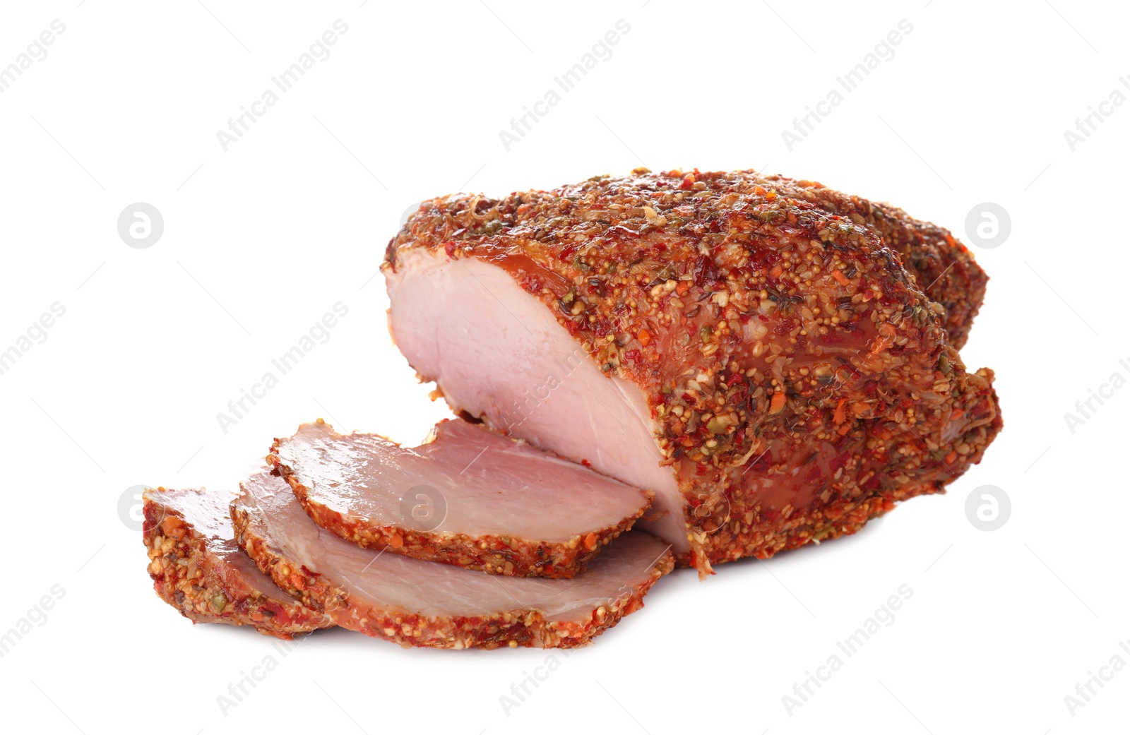 Photo of Homemade delicious ham on white background. Festive dinner