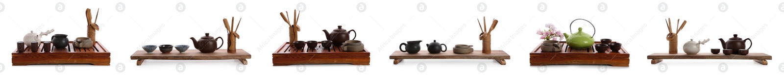 Image of Beautiful sets for traditional tea ceremony on white background, collage. Banner design