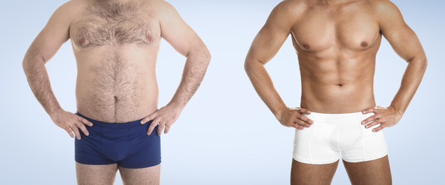Image of Slim and overweight men on light background, closeup. Banner design