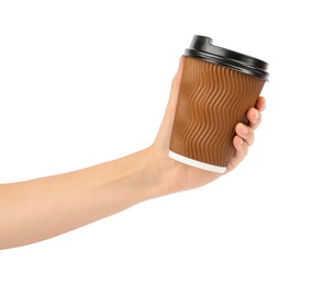 Photo of Woman holding takeaway paper coffee cup on white background, closeup