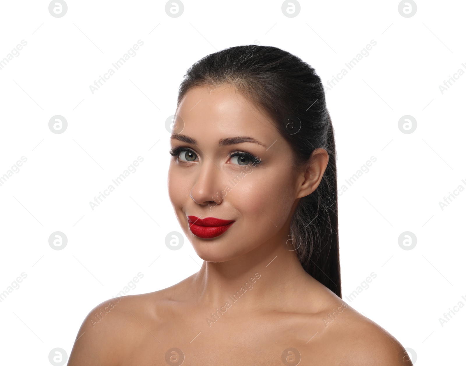 Photo of Beautiful woman with red lipstick on white background