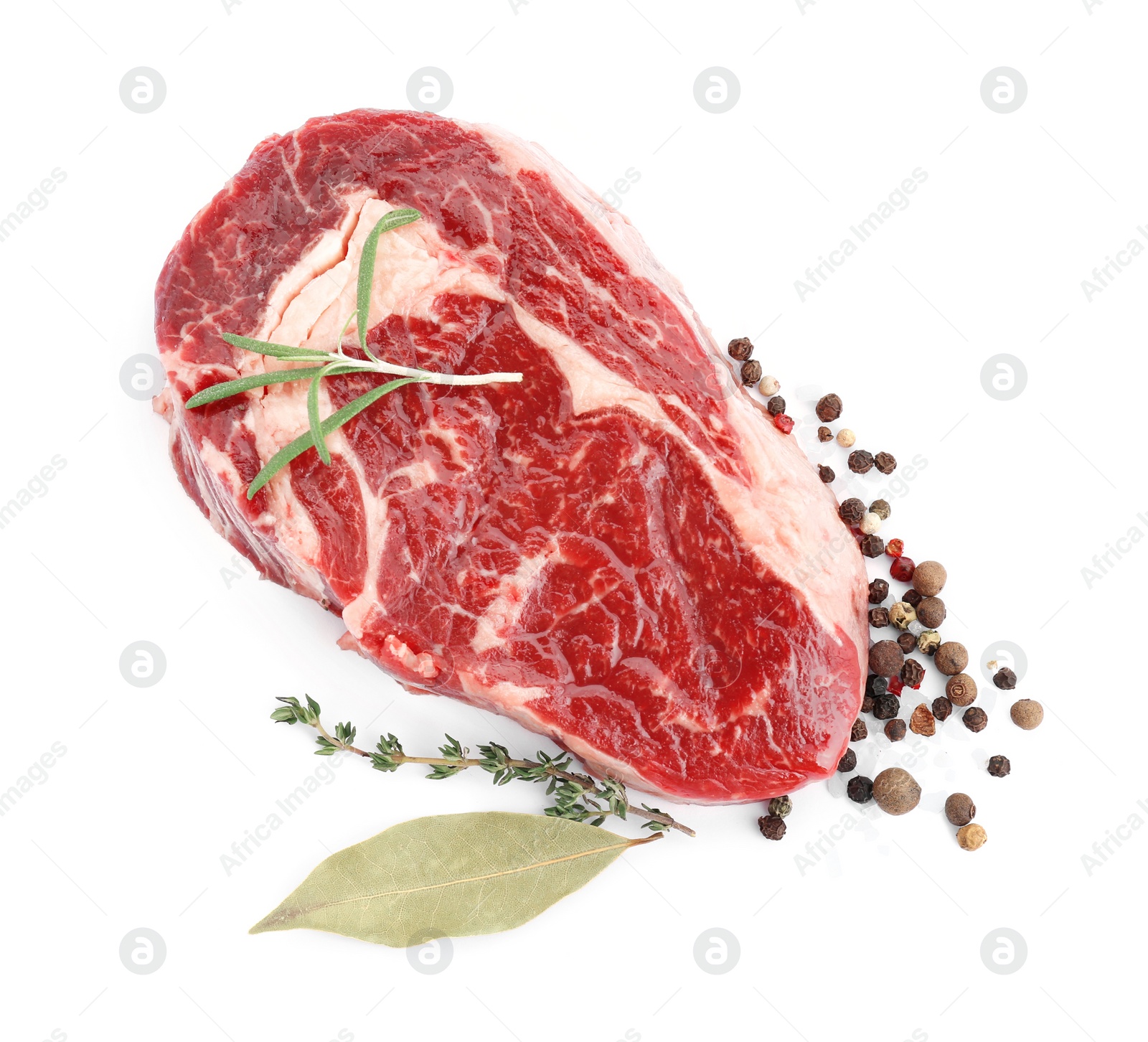 Photo of Piece of fresh beef meat, herbs and spices on white background, top view