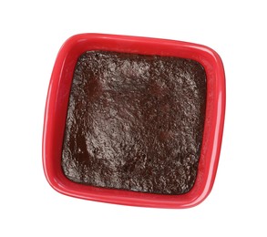 Photo of Delicious chocolate brownie in baking dish on white background, top view