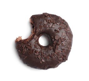 Photo of Sweet bitten glazed donut decorated with chocolate isolated on white, top view