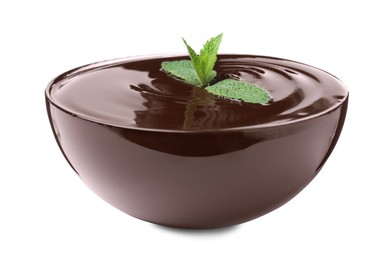 Photo of Delicious chocolate cream with mint in bowl on white background