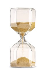 Photo of Hourglass with flowing sand isolated on white