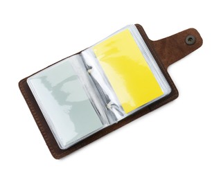 Photo of Leather business card holder with blank cards isolated on white, top view