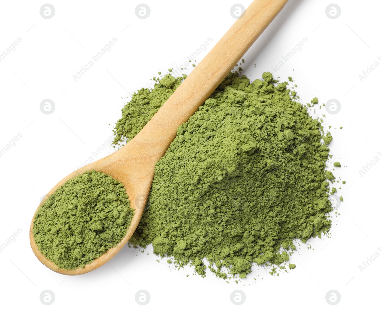 Pile of green matcha powder and spoon isolated on white, top view Photo of Pile of green matcha powder and spoon isolated on white, top view
