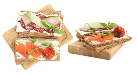 Image of Fresh rye crispbreads with different toppings on white background, collage
