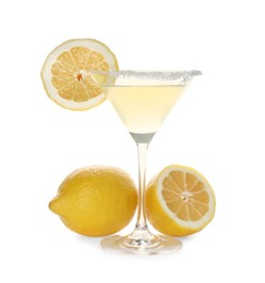 Photo of Lemon drop martini cocktail and fresh fruits on white background
