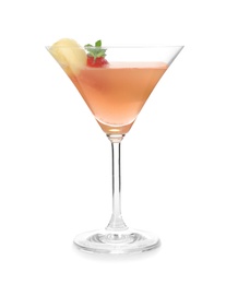 Glass with melon ball drink on white background