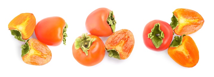 Image of Set of delicious fresh ripe persimmons on white background, top view. Banner design