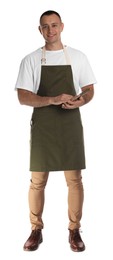 Photo of Full length portrait of happy young waiter with notebook on white background