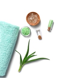 Photo of Flat lay composition with aloe vera on white background. Space for text