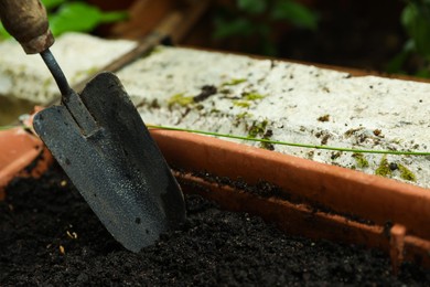 Photo of Shovel in pot with soil, closeup and space for text. Gardening season