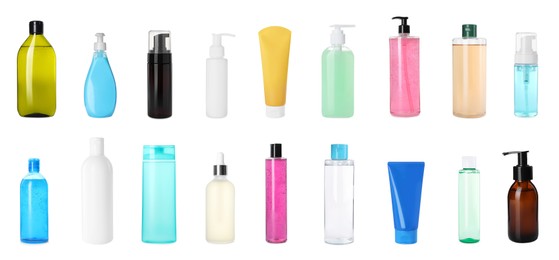 Image of Set of different face cleansers or other cosmetic products isolated on white