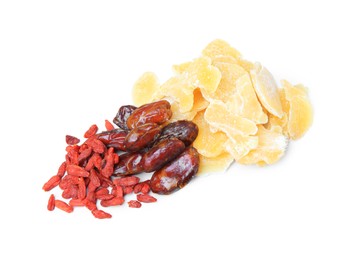 Photo of Pile of different tasty dried fruits on white background