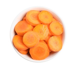 Photo of Bowl with tasty cut carrots isolated on white, top view
