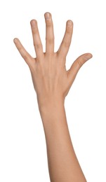 Woman on white background, closeup of hand