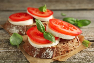 Delicious sandwiches with mozzarella, fresh tomatoes and basil on wooden table