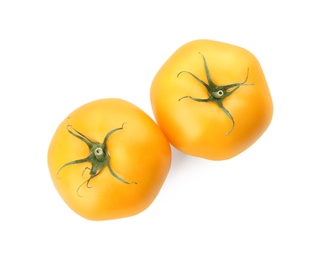 Photo of Delicious ripe yellow tomatoes isolated on white, top view