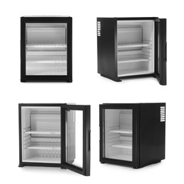 Image of Set with modern black minibars on white background 