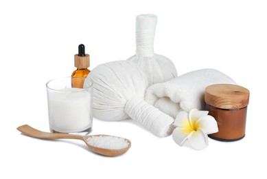 Photo of Beautiful spa composition with different care products isolated on white