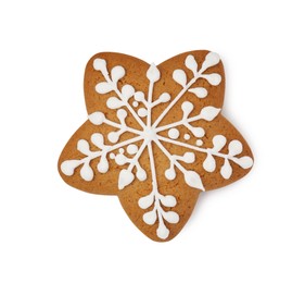 Photo of Tasty star shaped Christmas cookie with icing isolated on white, top view