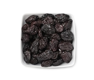 Photo of Bowl with sweet dried prunes isolated on white, top view