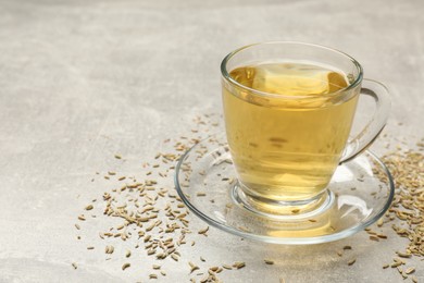 Photo of Aromatic fennel tea in cup and seeds on light grey table, closeup. Space for text