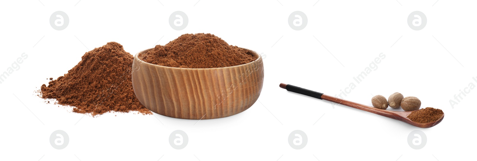 Image of Nutmeg powder on white background, collage. Banner design