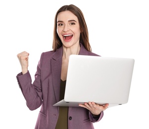 Photo of Portrait of emotional woman with laptop on white background