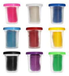 Image of Set with different colorful play dough on white background