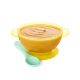 Photo of Tasty baby food in bowl and spoon isolated on white